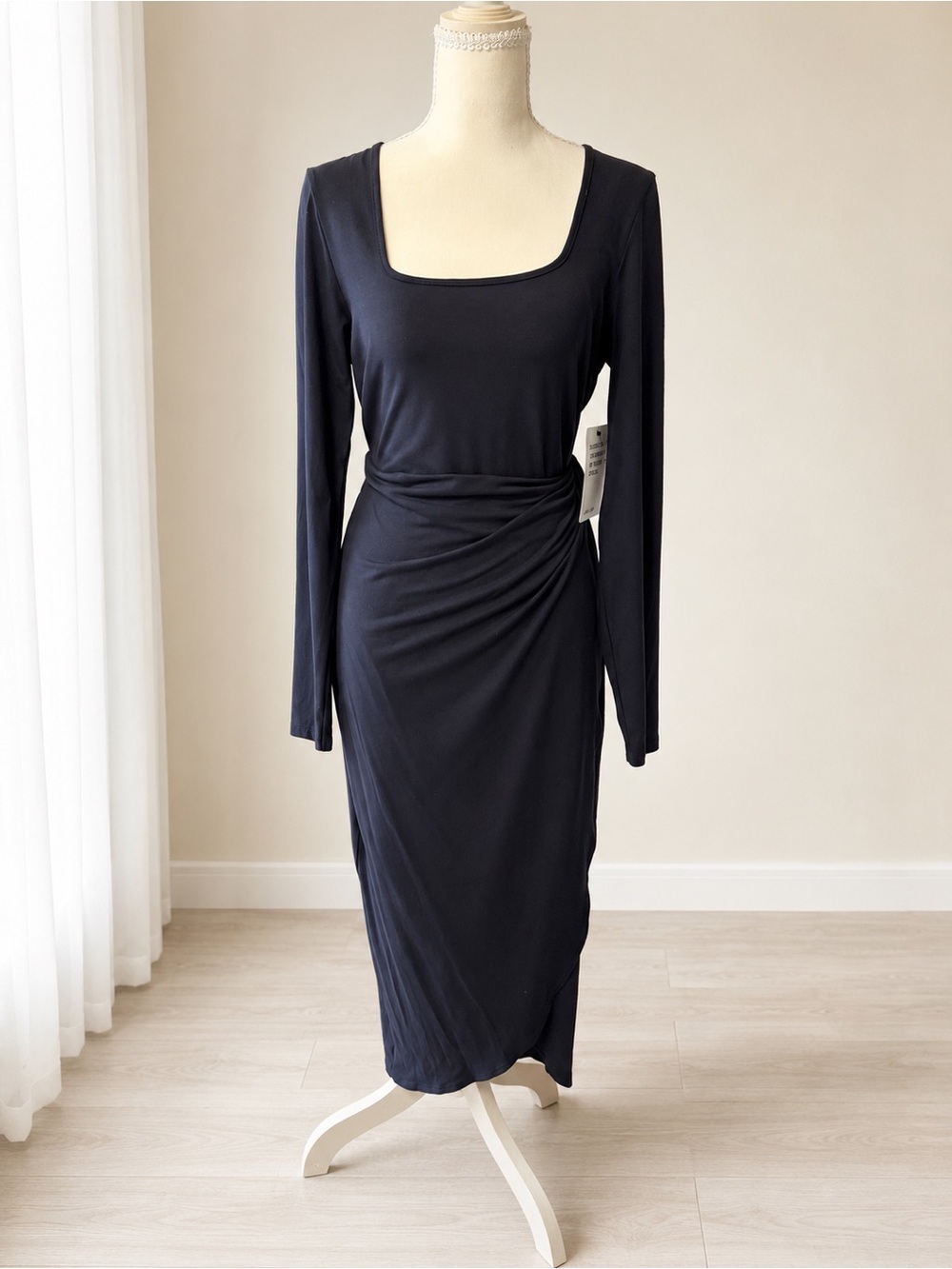 Square Neck Long Sleeve Navy Ruched Midi wrap Dress